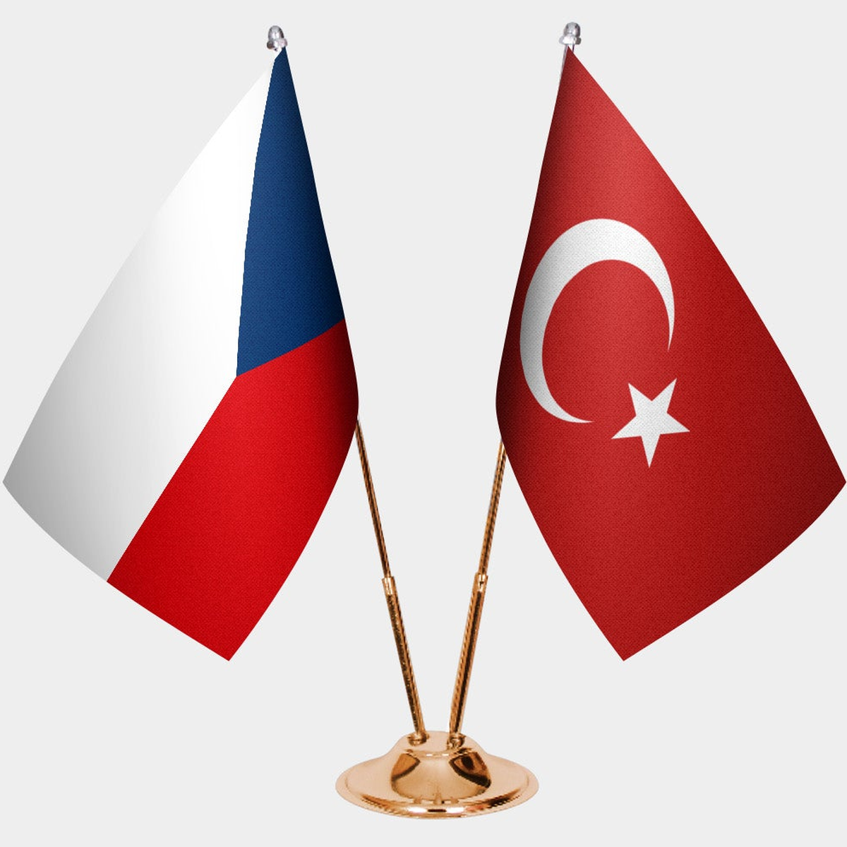 Czech Republic and Türkiye dual desk flag set with gold pedestal, satin office table flag
