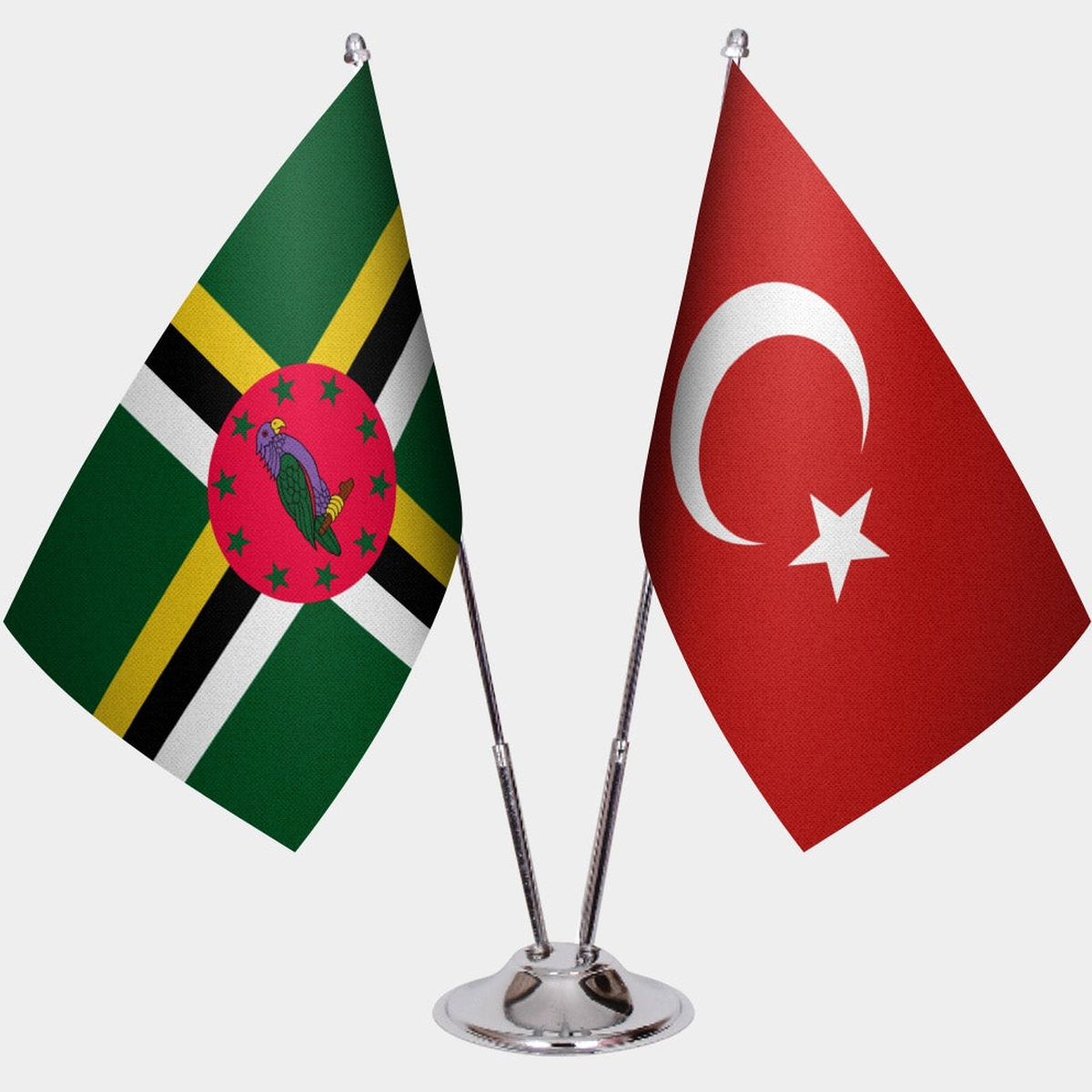 Dominica and Türkiye dual desk flag set with chrome silver pedestal, satin office table flag