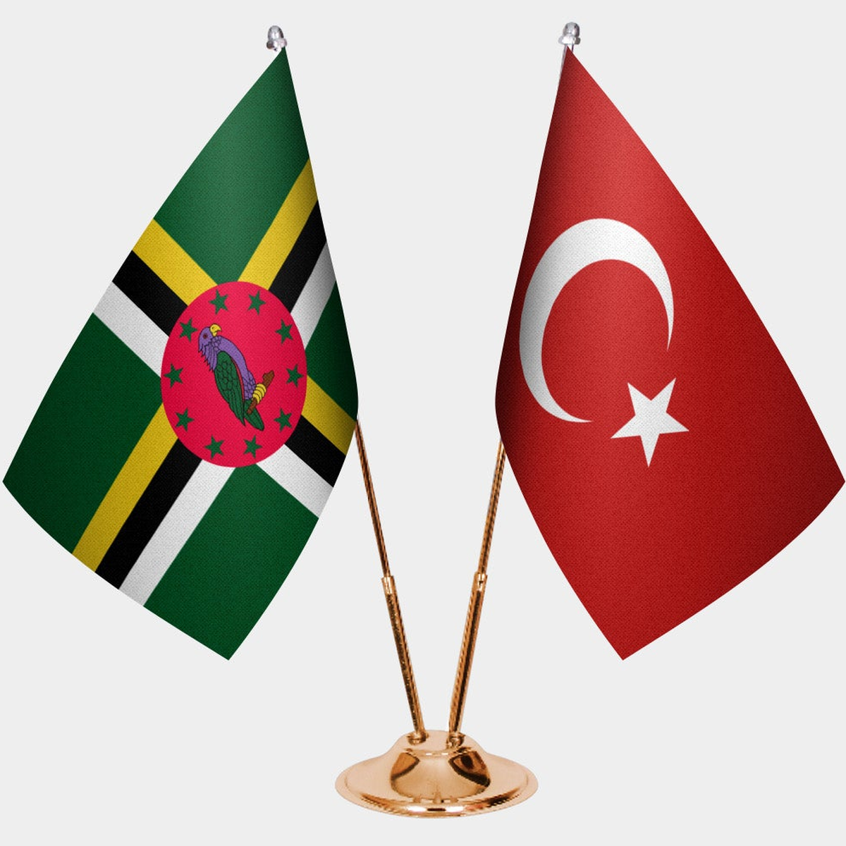 Dominica and Türkiye dual desk flag set with gold pedestal, satin office table flag