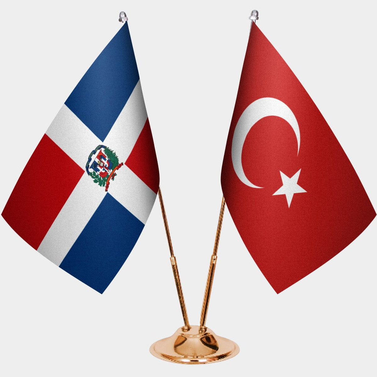 Dominican Republic and Türkiye dual desk flag set with gold pedestal, satin office table flag
