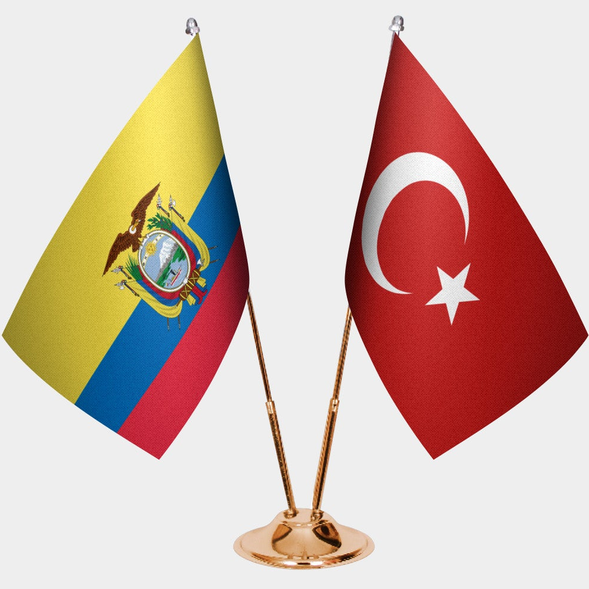 Ecuador and Türkiye dual desk flag set with gold pedestal, satin office table flag