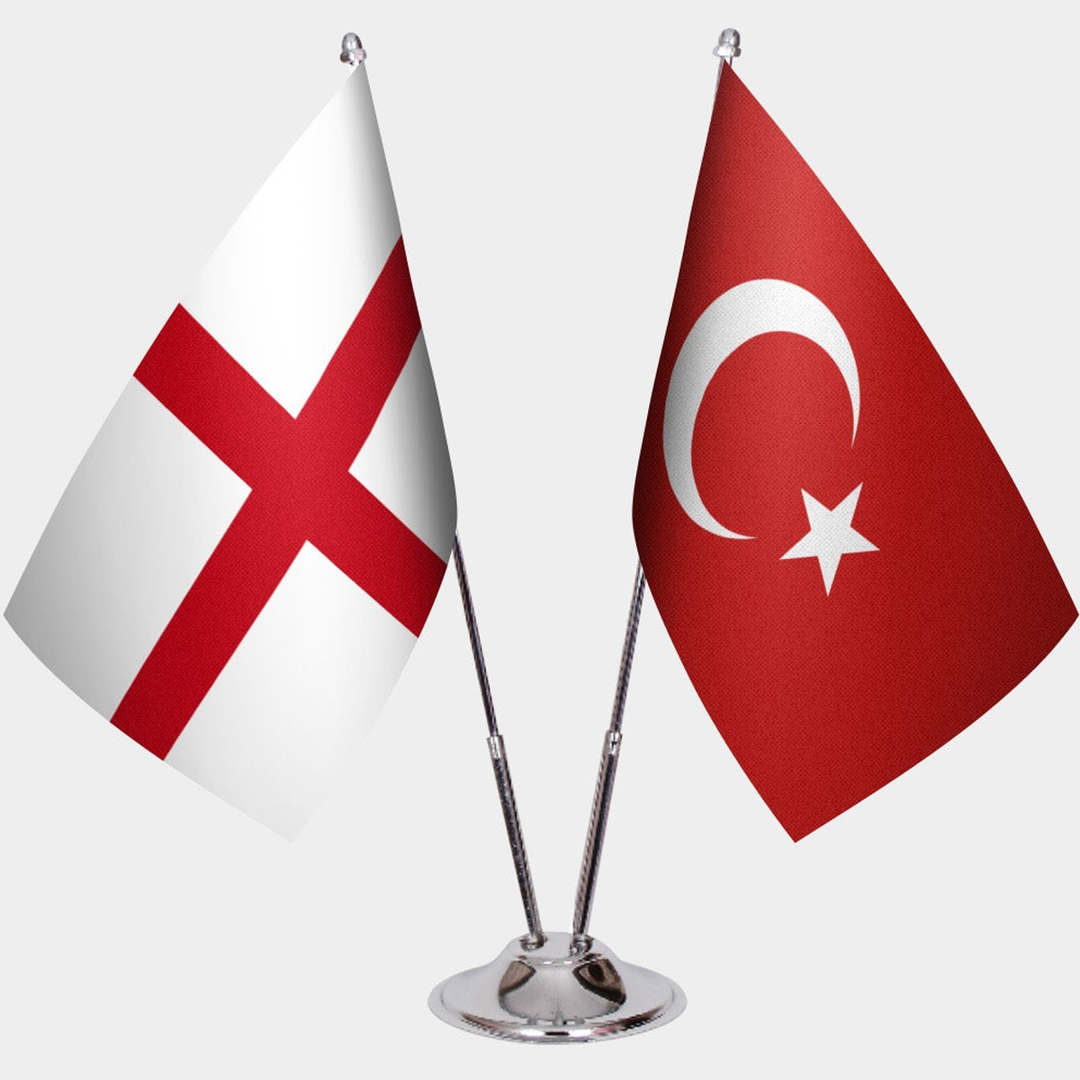England and Türkiye dual desk flag set with chrome silver pedestal, satin office table flag