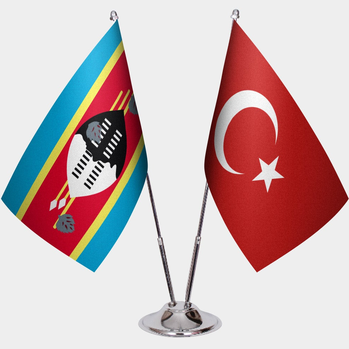 Eswatini and Türkiye dual desk flag set with chrome silver pedestal, satin office table flag