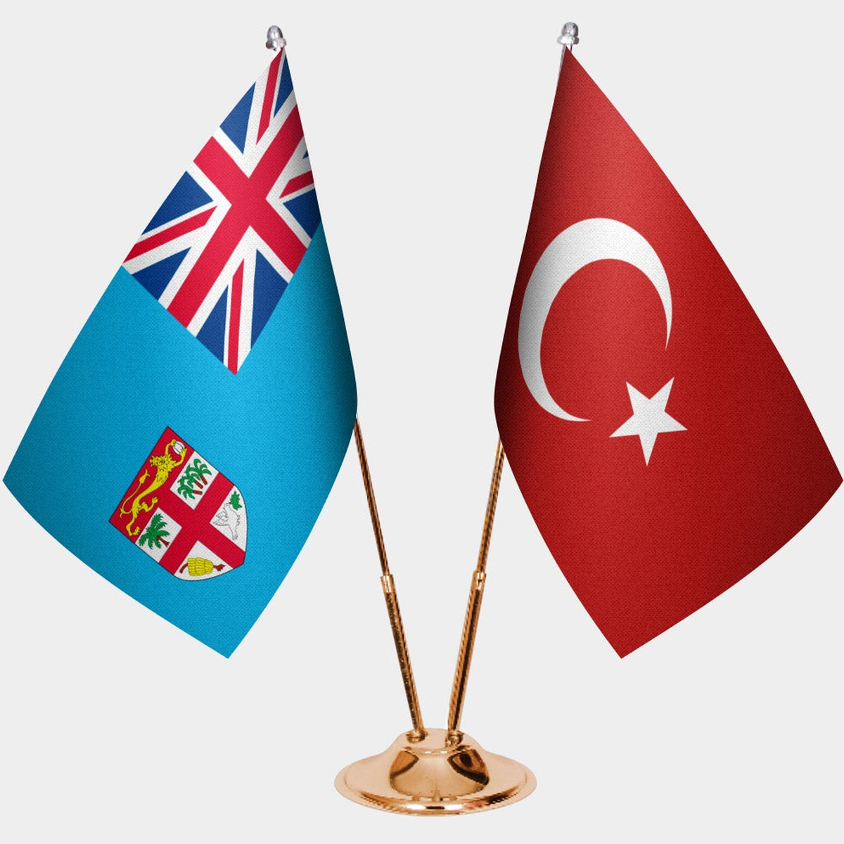 Fiji and Türkiye dual desk flag set with gold pedestal, satin office table flag