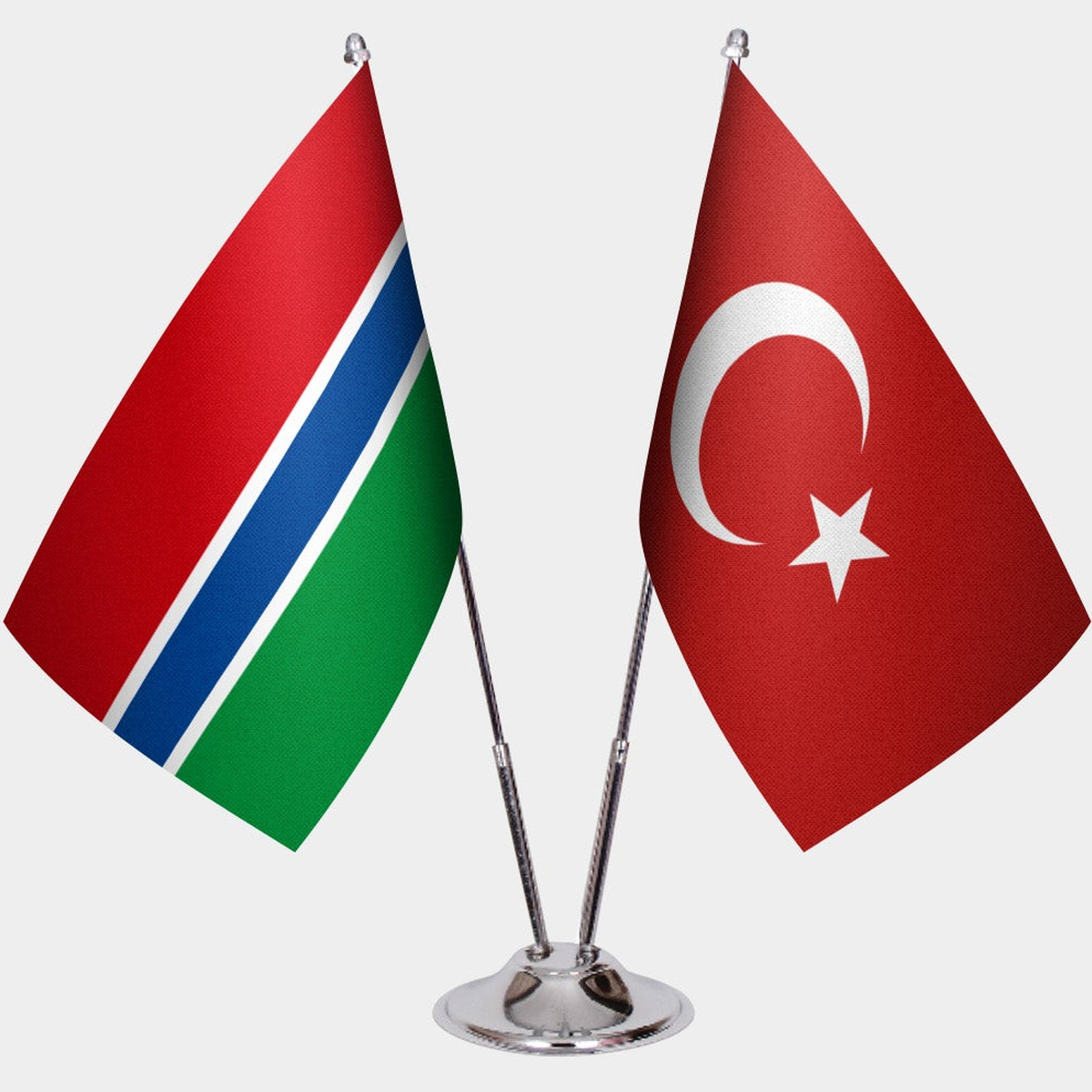 Gambia and Türkiye dual desk flag set with chrome silver pedestal, satin office table flag