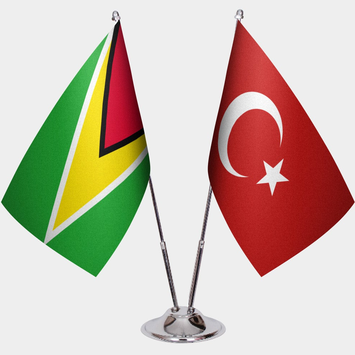 Guyana and Türkiye dual desk flag set with chrome silver pedestal, satin office table flag