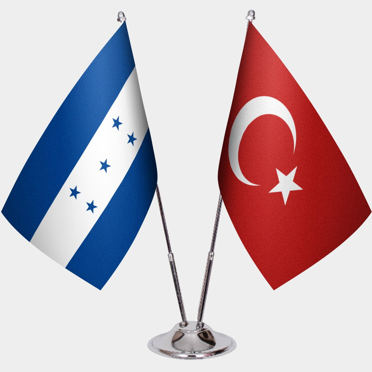 Honduras and Türkiye dual desk flag set with chrome silver pedestal, satin office table flag