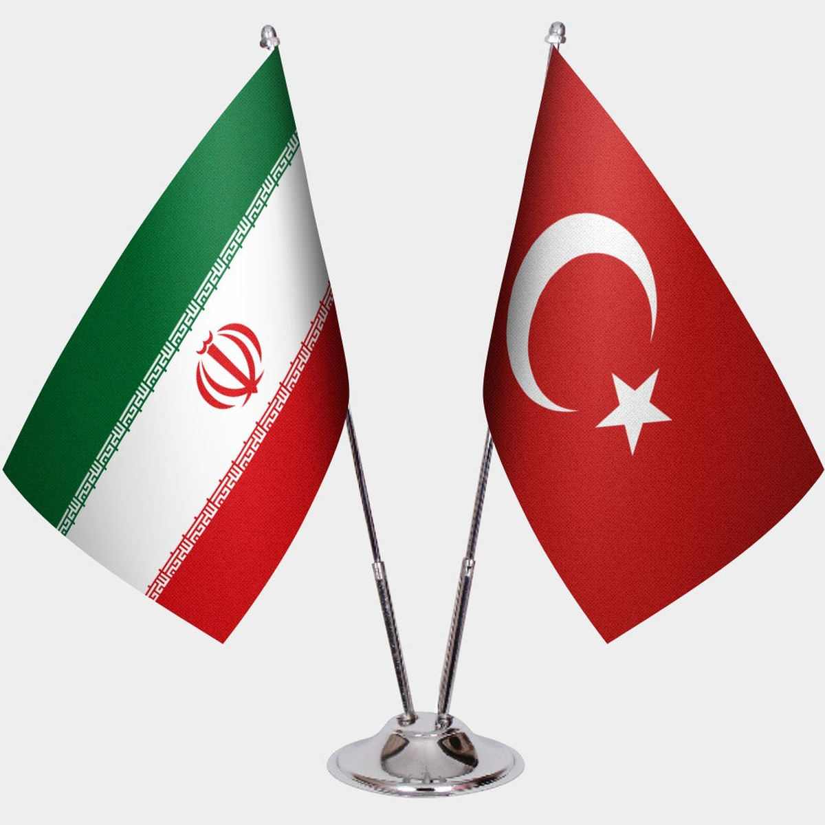 Iran and Türkiye dual desk flag set with chrome silver pedestal, satin office table flag