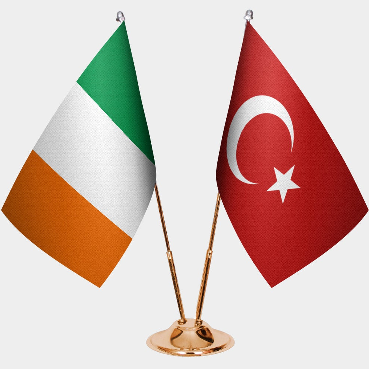 Ireland and Türkiye dual desk flag set with gold pedestal, satin office table flag