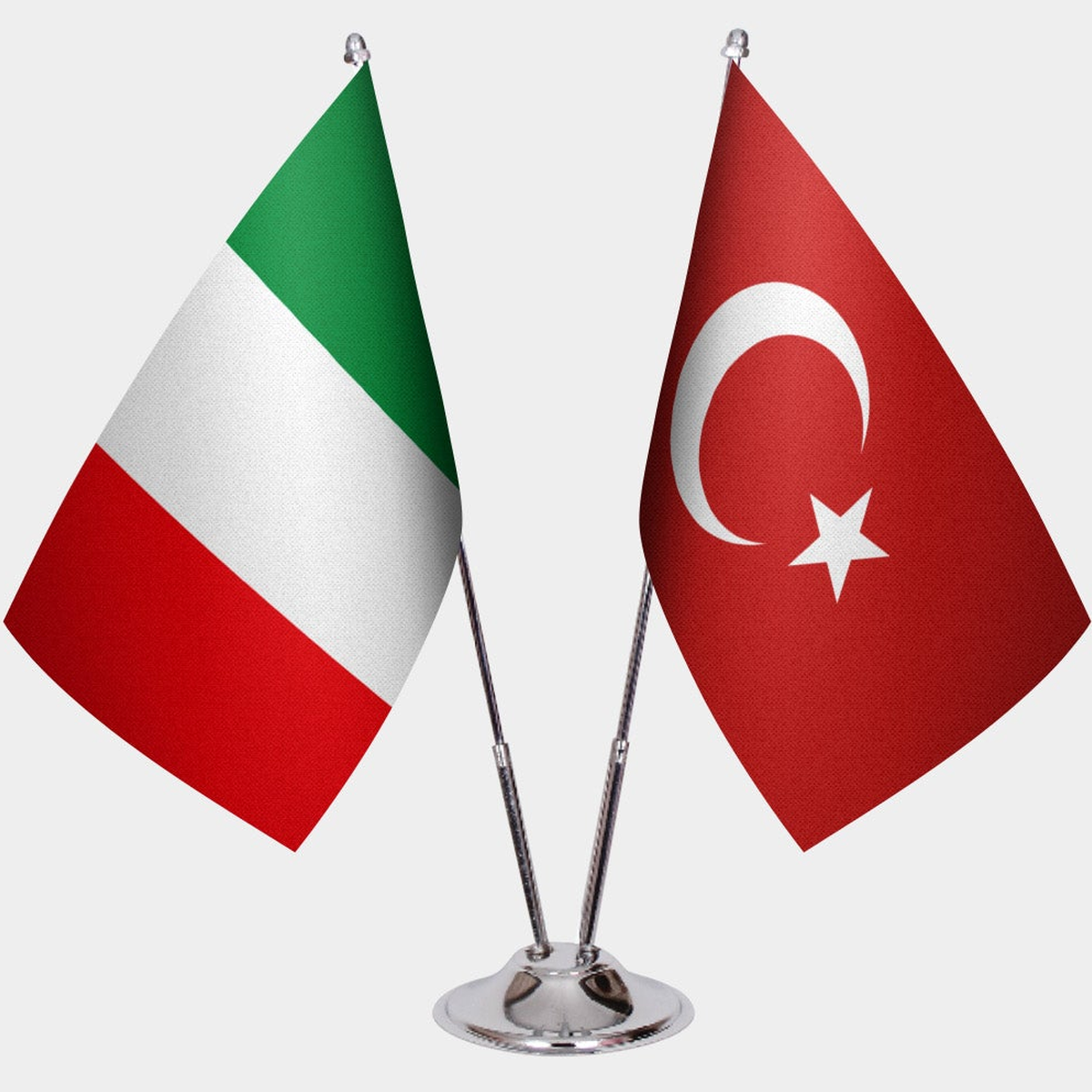 Italy and Türkiye dual desk flag set with chrome silver pedestal, satin office table flag