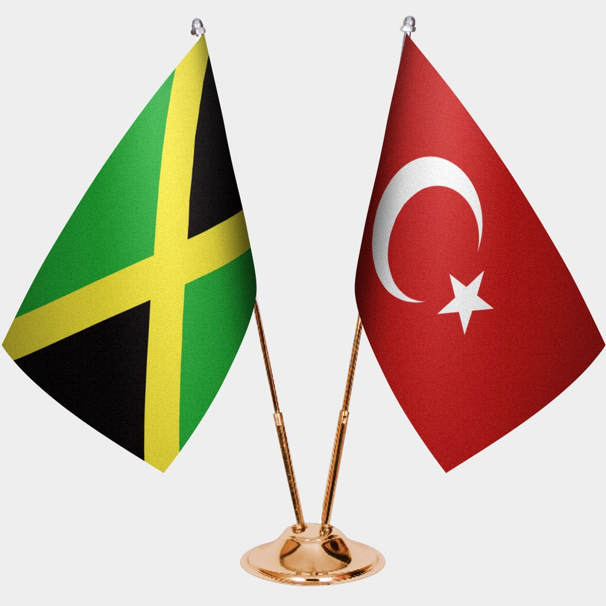 Jamaica and Türkiye dual desk flag set with gold pedestal, satin office table flag