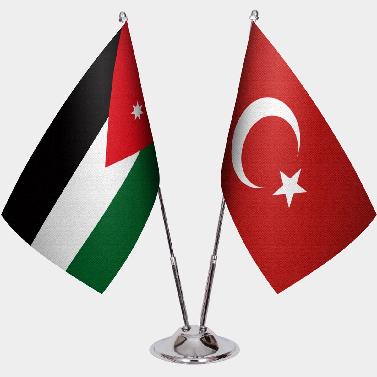Jordan and Türkiye dual desk flag set with chrome silver pedestal, satin office table flag