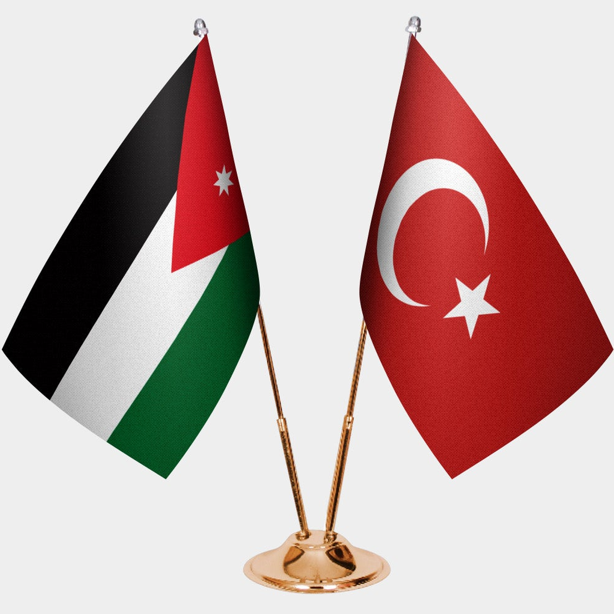 Jordan and Türkiye dual desk flag set with gold pedestal, satin office table flag