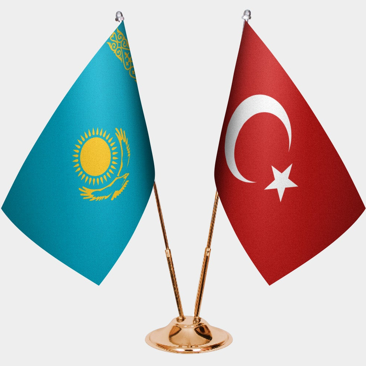 Kazakhstan and Türkiye dual desk flag set with gold pedestal, satin office table flag