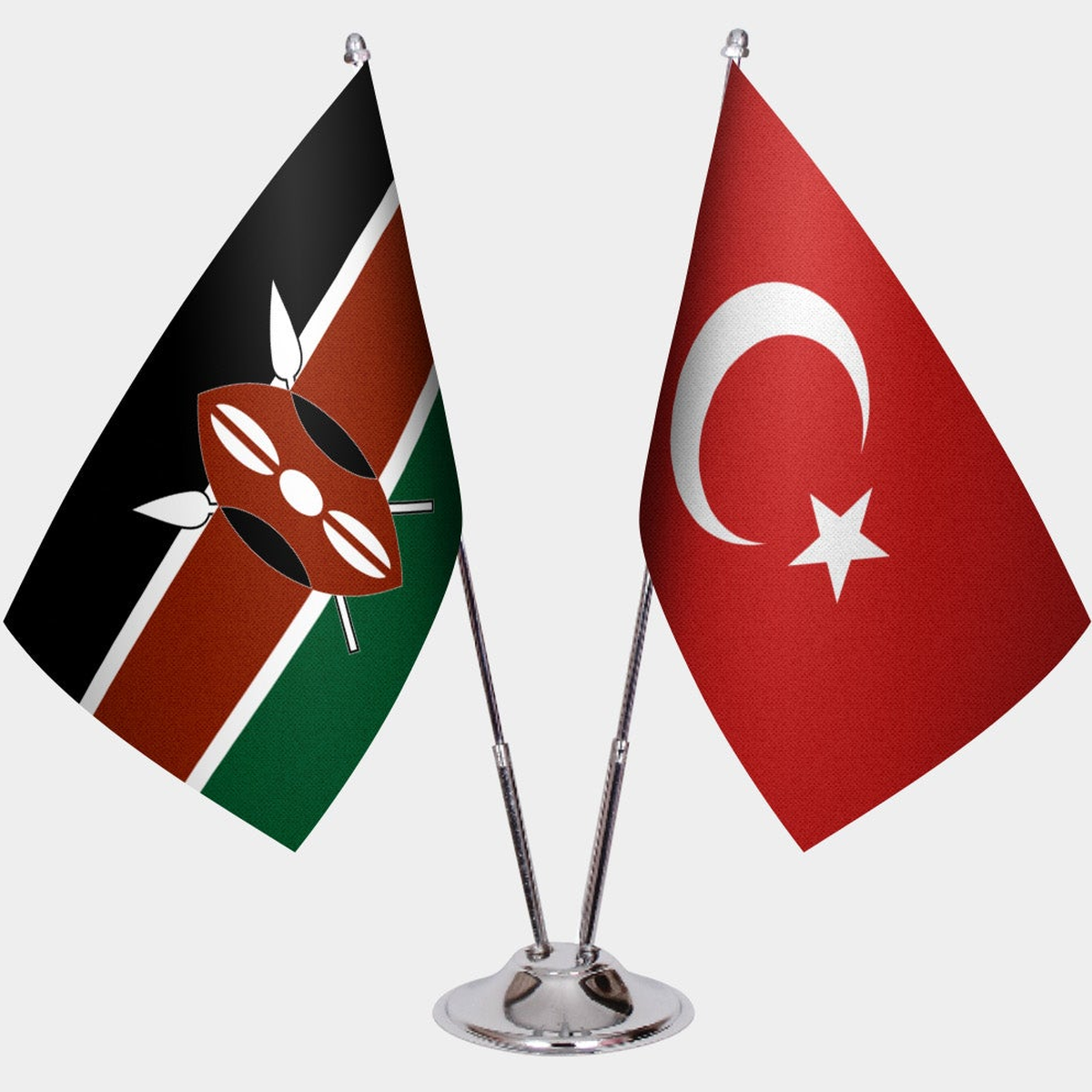 Kenya and Türkiye dual desk flag set with chrome silver pedestal, satin office table flag