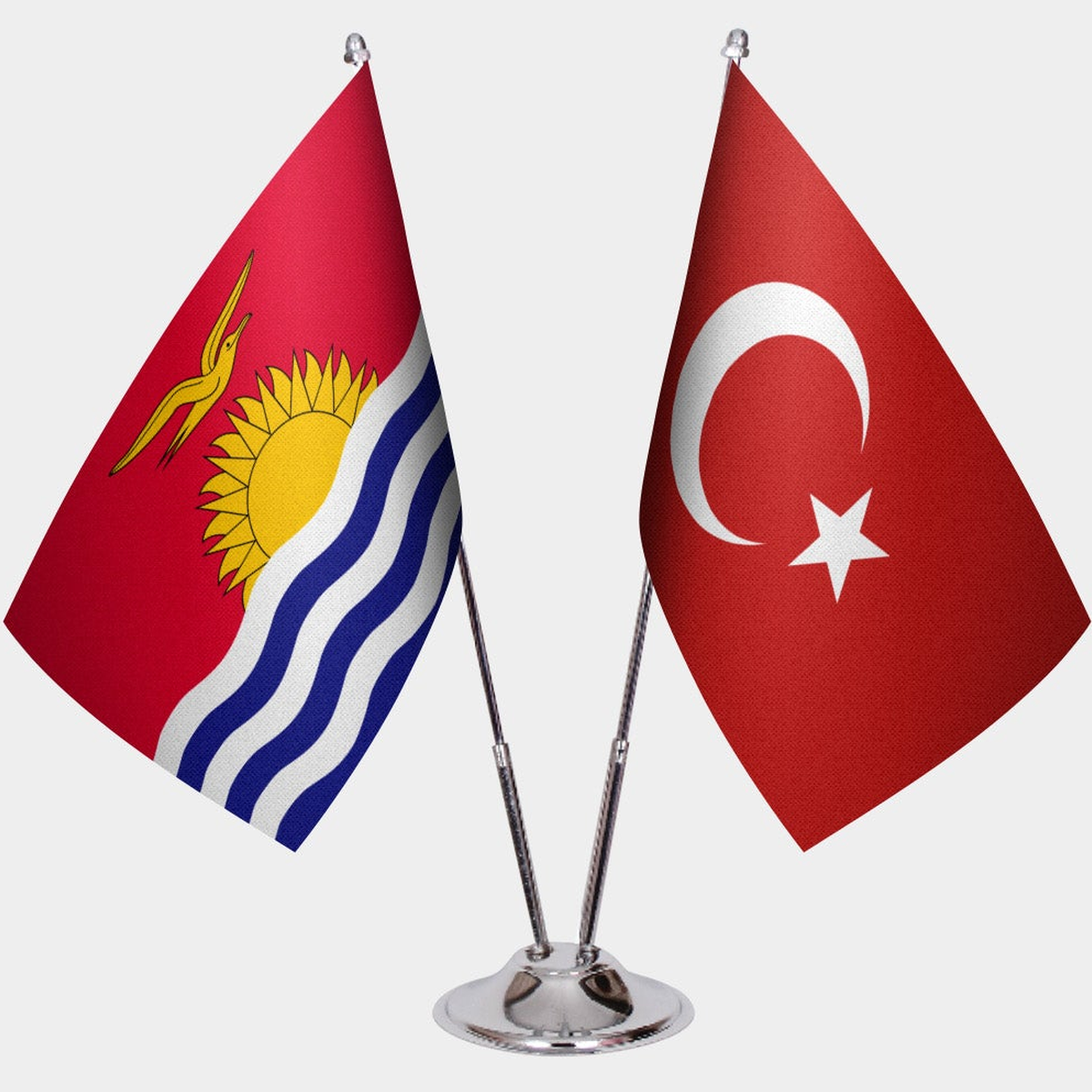 Kiribati and Türkiye dual desk flag set with chrome silver pedestal, satin office table flag