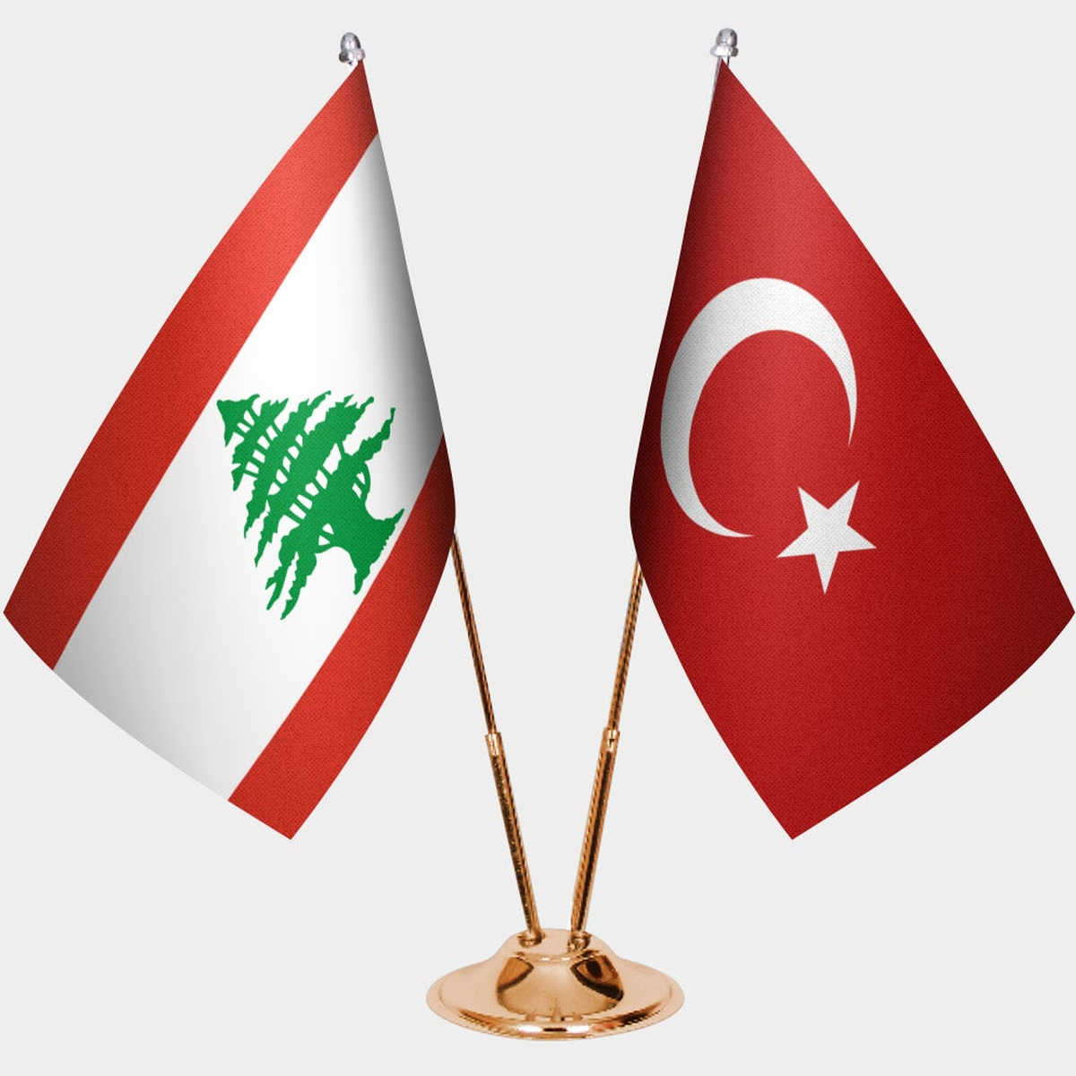 Lebanon and Türkiye dual desk flag set with gold pedestal, satin office table flag