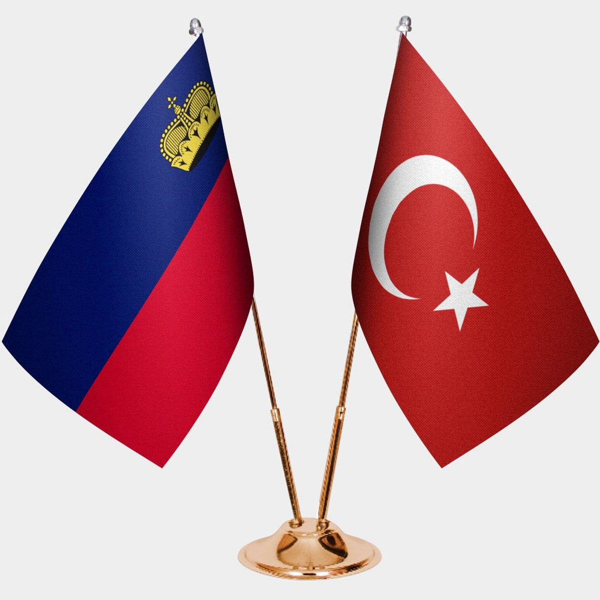 Liechtenstein and Türkiye dual desk flag set with gold pedestal, satin office table flag