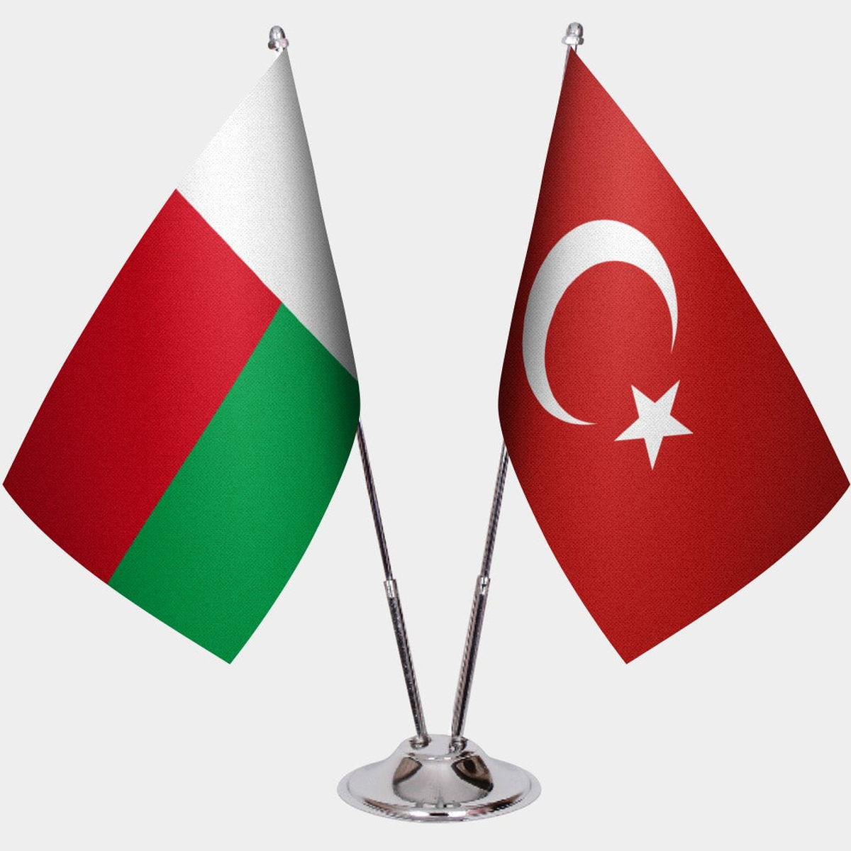 Madagascar and Türkiye dual desk flag set with chrome silver pedestal, satin office table flag