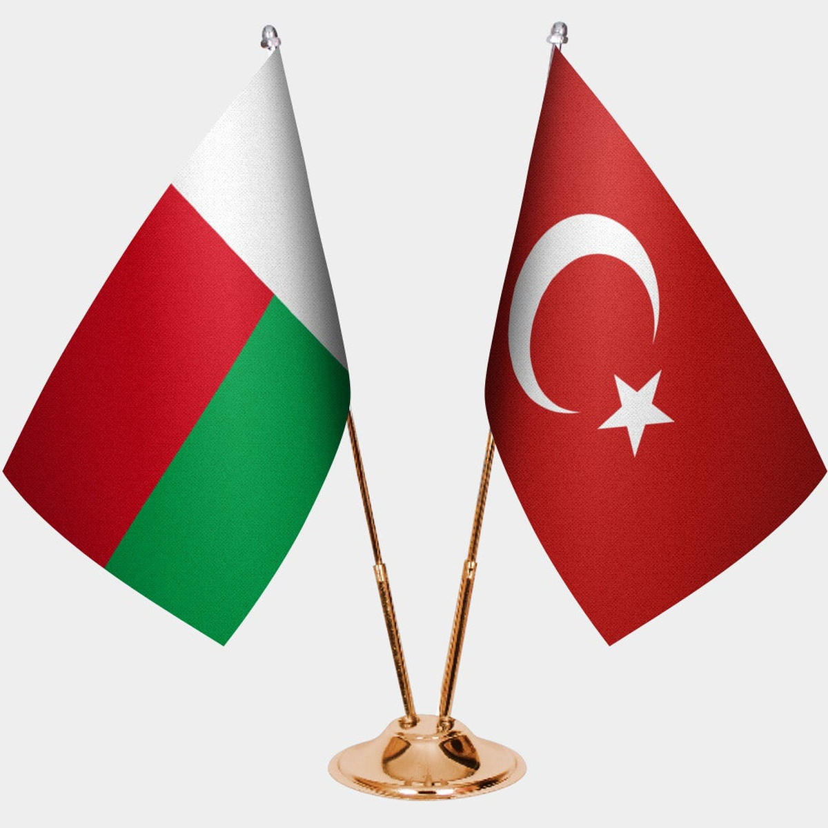 Madagascar and Türkiye dual desk flag set with gold pedestal, satin office table flag