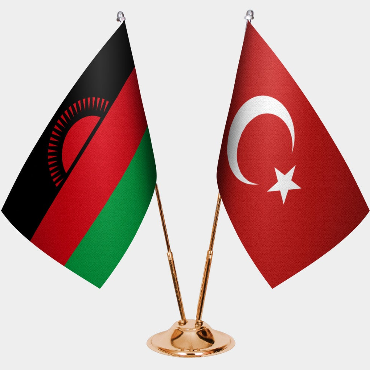 Malawi and Türkiye dual desk flag set with gold pedestal, satin office table flag