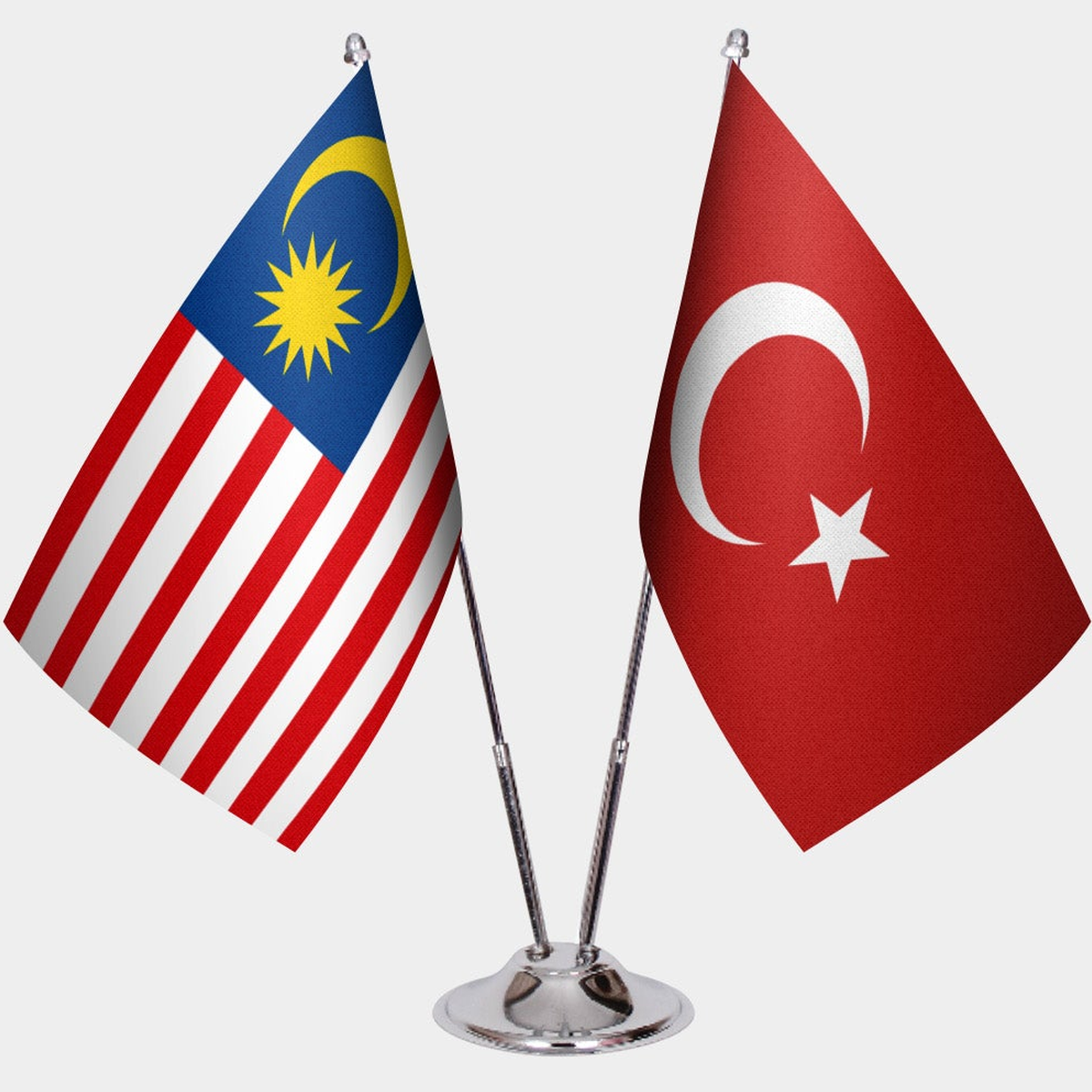 Malaysia and Türkiye dual desk flag set with chrome silver pedestal, satin office table flag