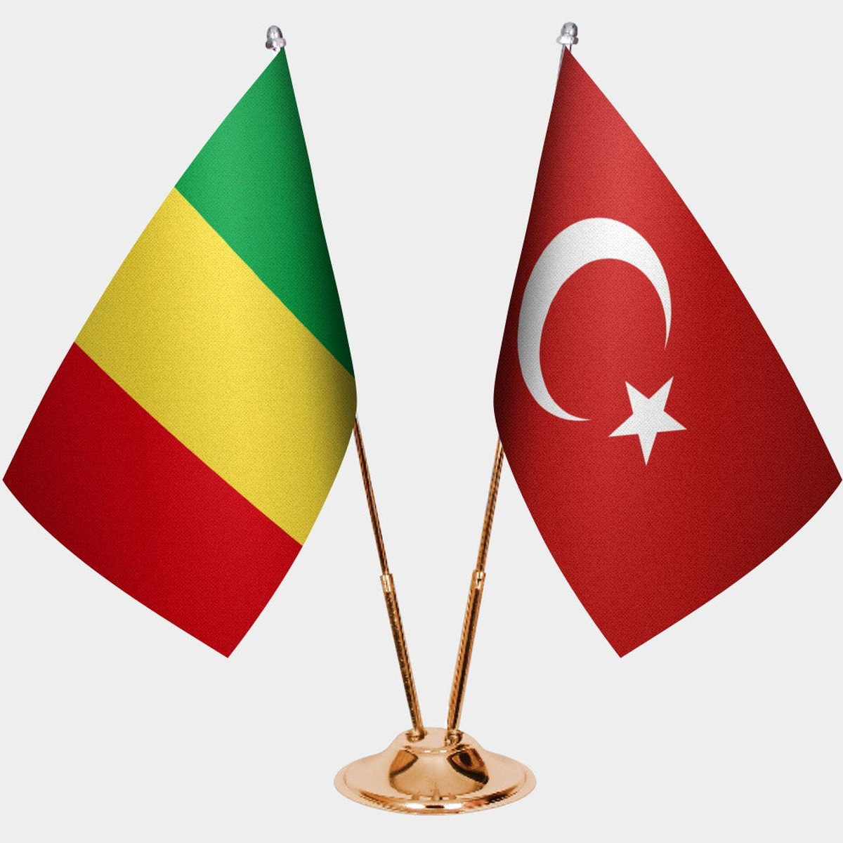 Mali and Türkiye dual desk flag set with gold pedestal, satin office table flag