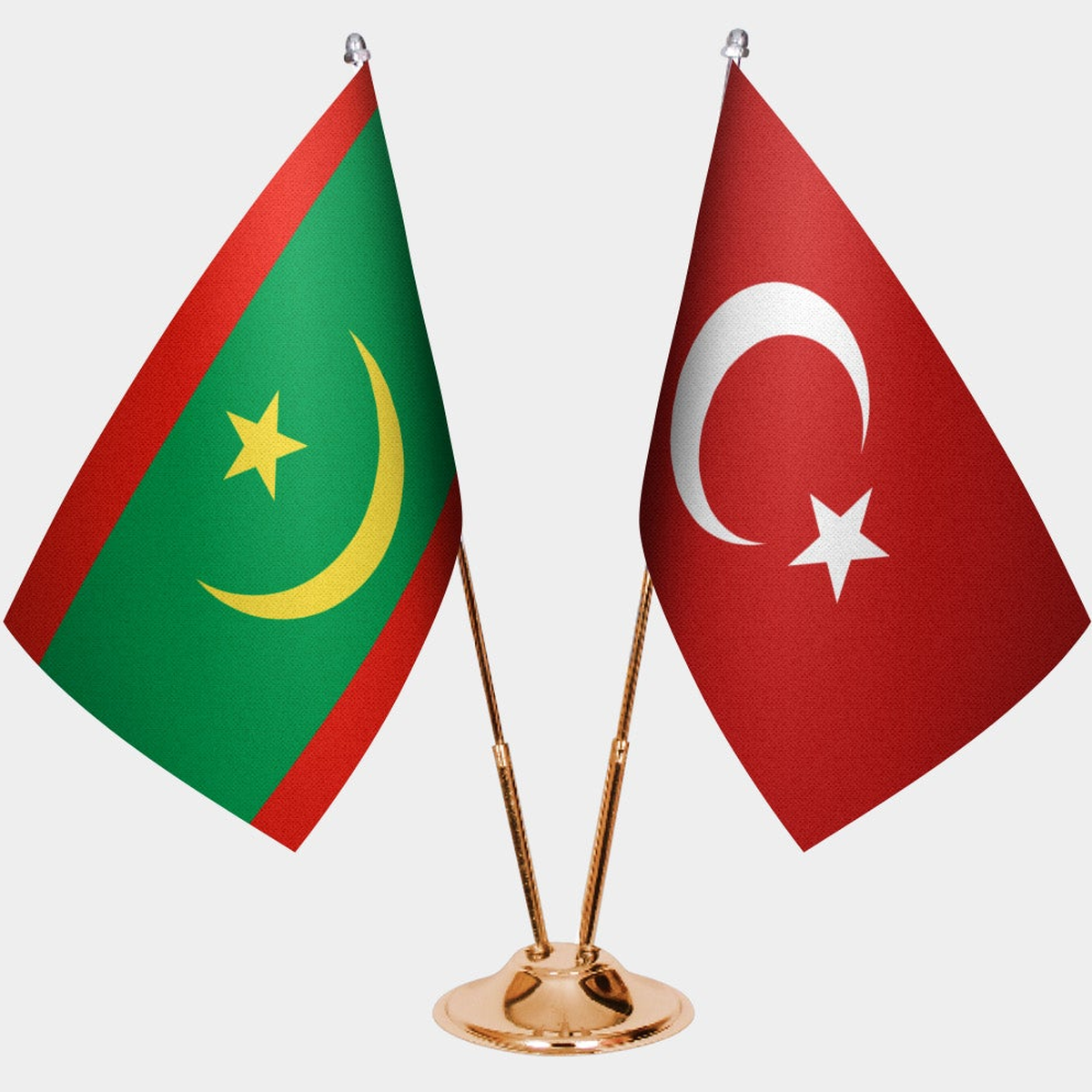 Mauritania and Türkiye dual desk flag set with gold pedestal, satin office table flag