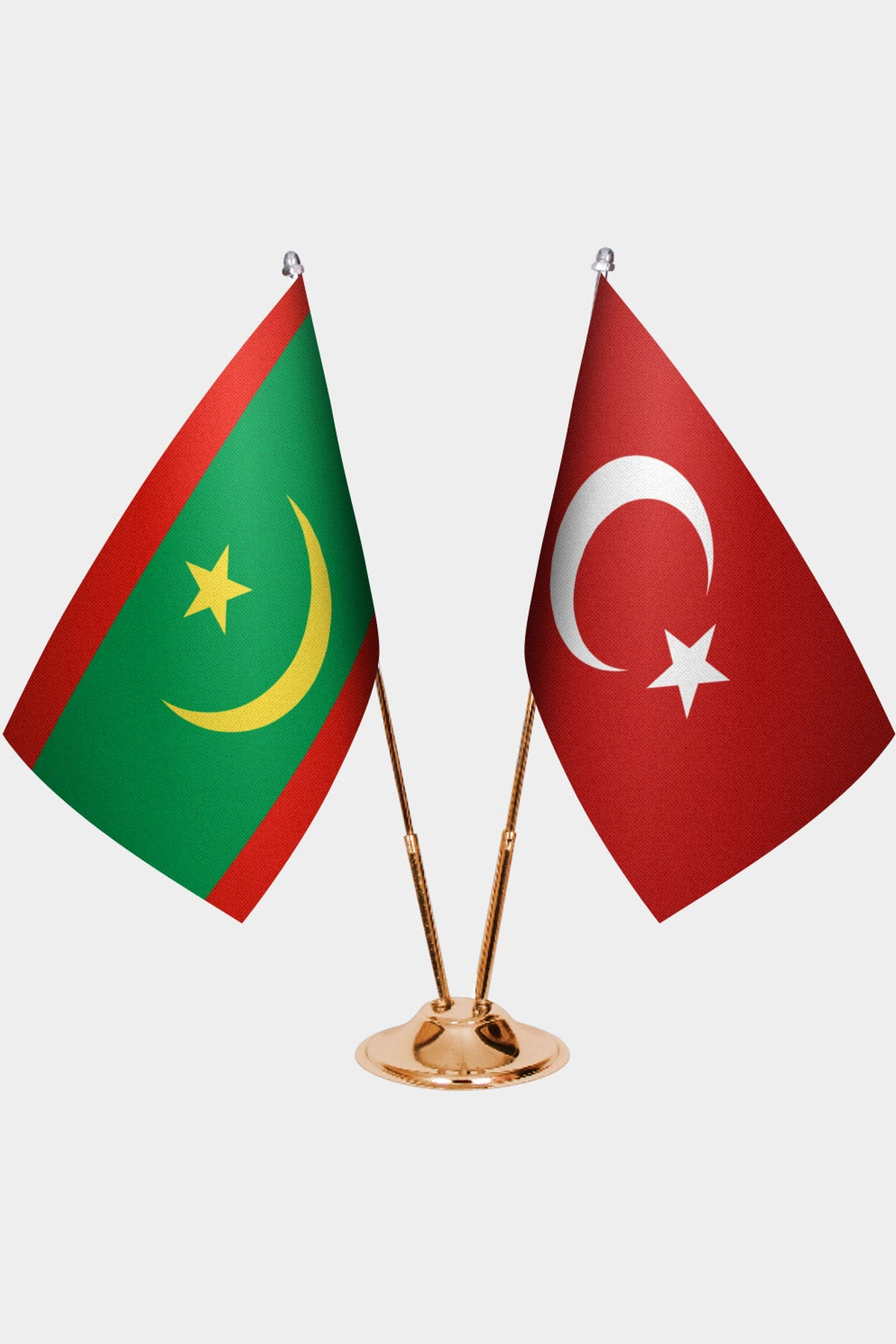 Mauritania and Türkiye dual desk flag set with gold pedestal, satin office table flag