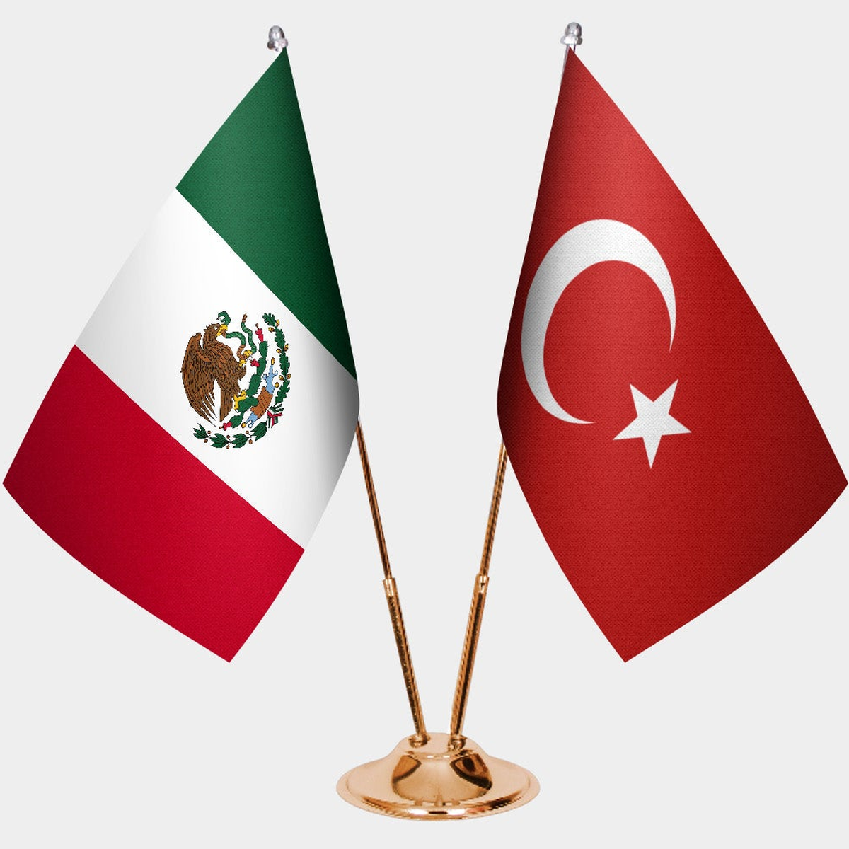 Mexico and Türkiye dual desk flag set with gold pedestal, satin office table flag
