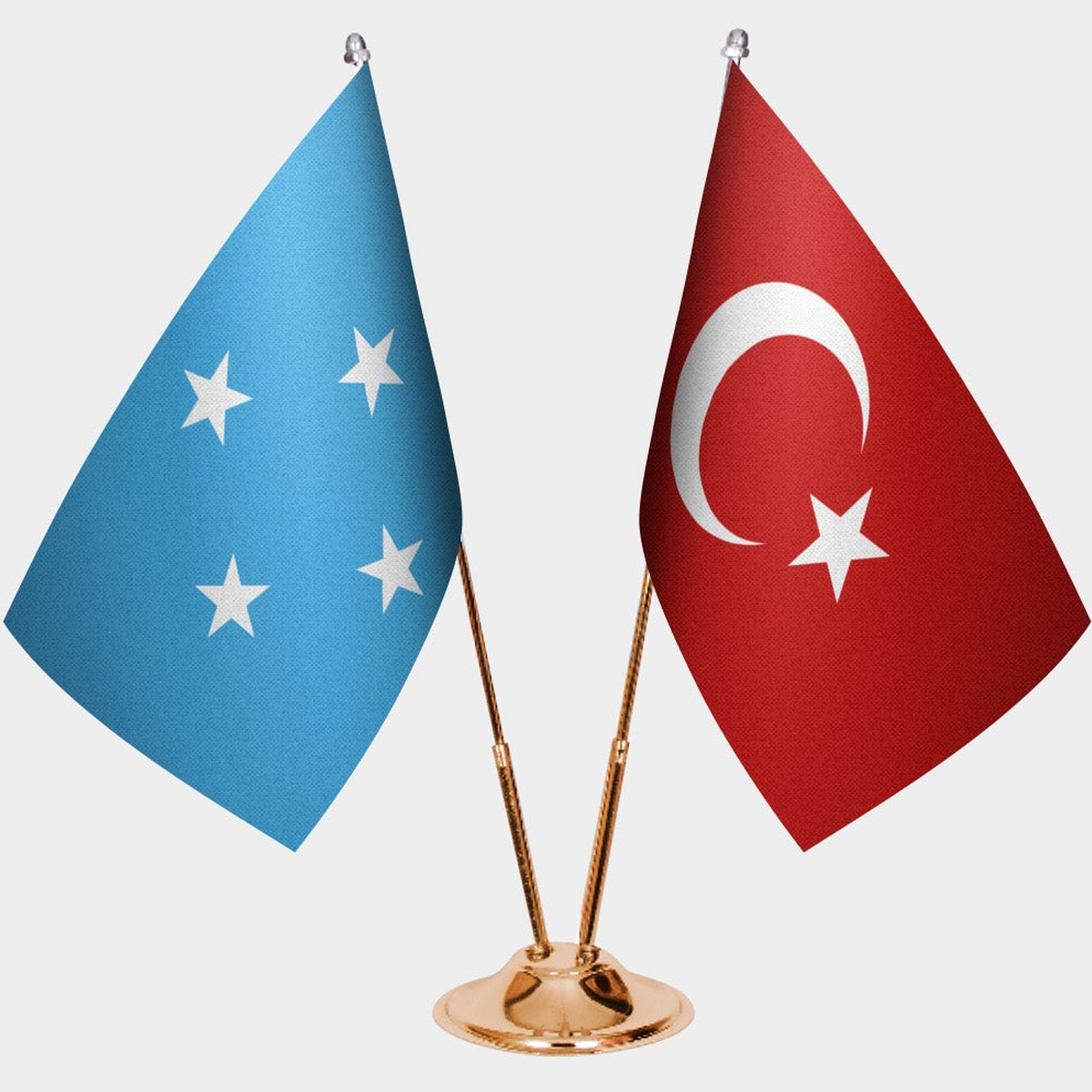 Micronesia and Türkiye dual desk flag set with gold pedestal, satin office table flag