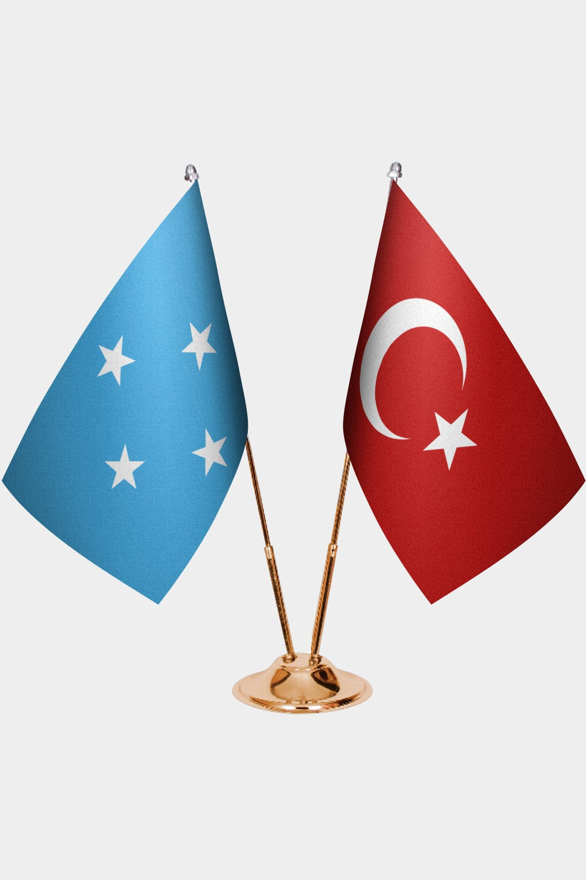 Micronesia and Türkiye dual desk flag set with gold pedestal, satin office table flag