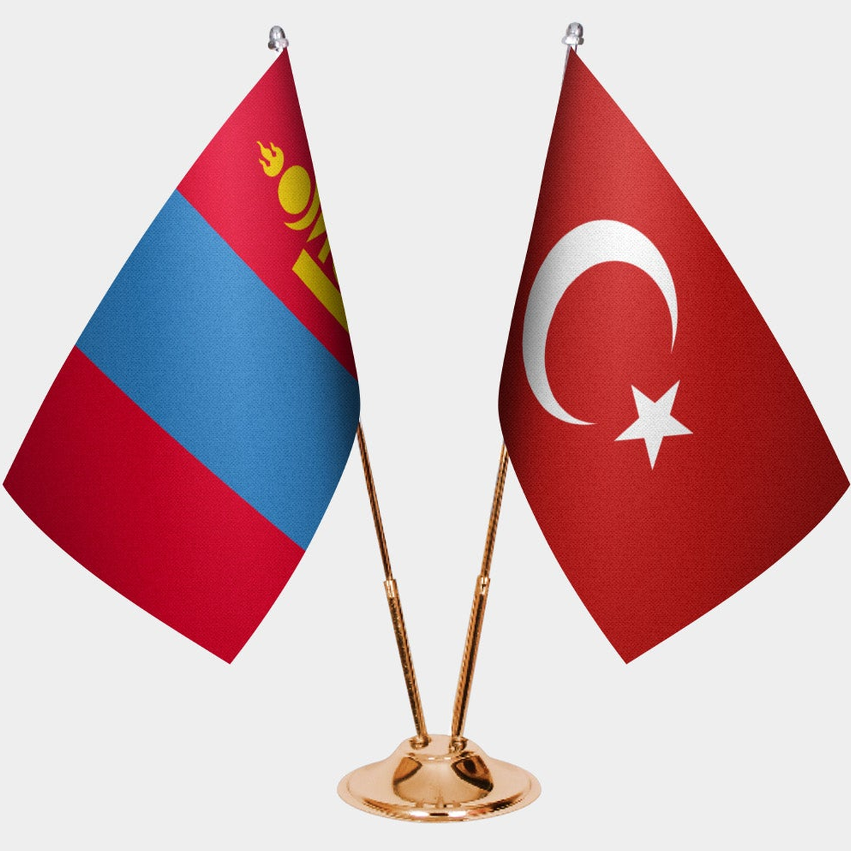 Mongolia and Türkiye dual desk flag set with gold pedestal, satin office table flag