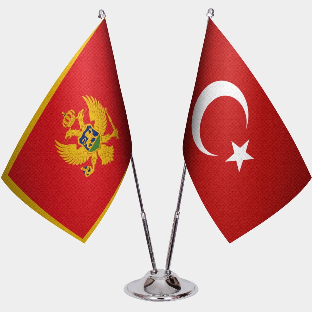 Montenegro and Türkiye dual desk flag set with chrome silver pedestal, satin office table flag