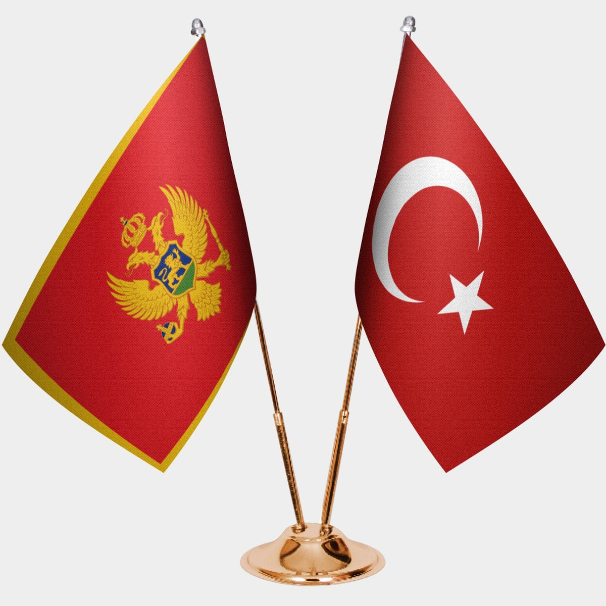 Montenegro and Türkiye dual desk flag set with gold pedestal, satin office table flag