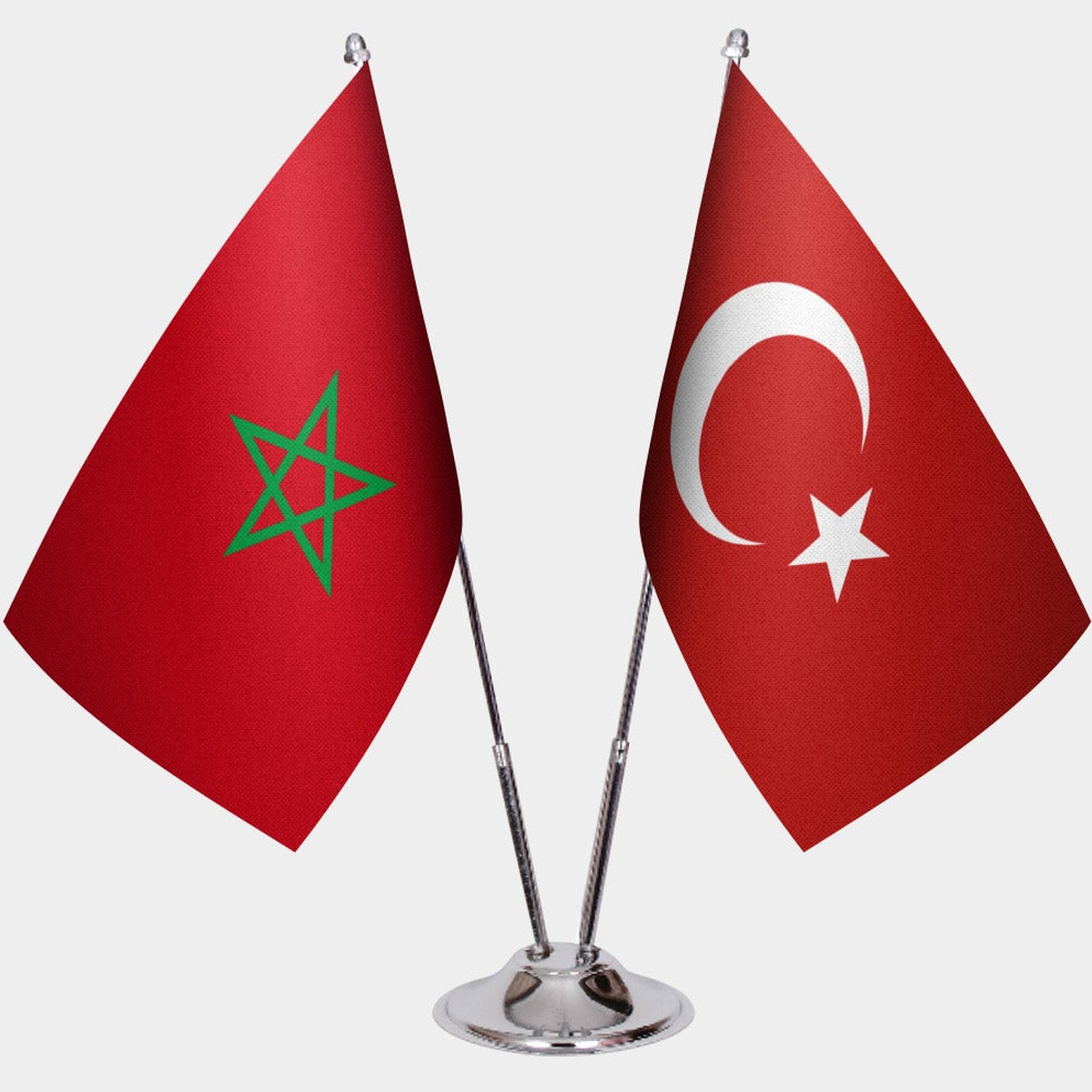 Morocco and Türkiye dual desk flag set with chrome silver pedestal, satin office table flag