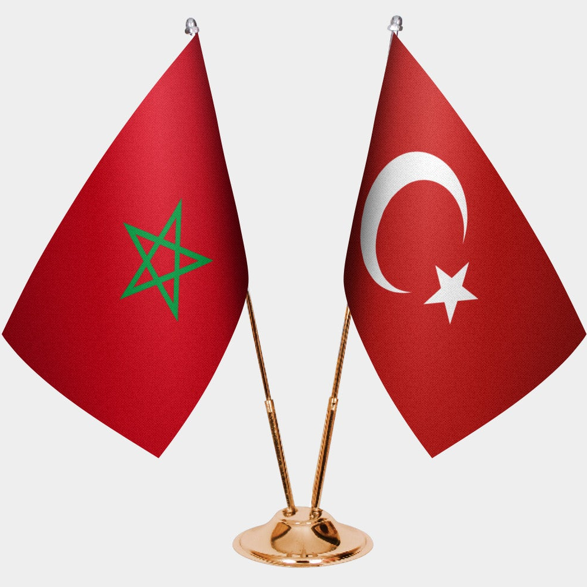 Morocco and Türkiye dual desk flag set with gold pedestal, satin office table flag