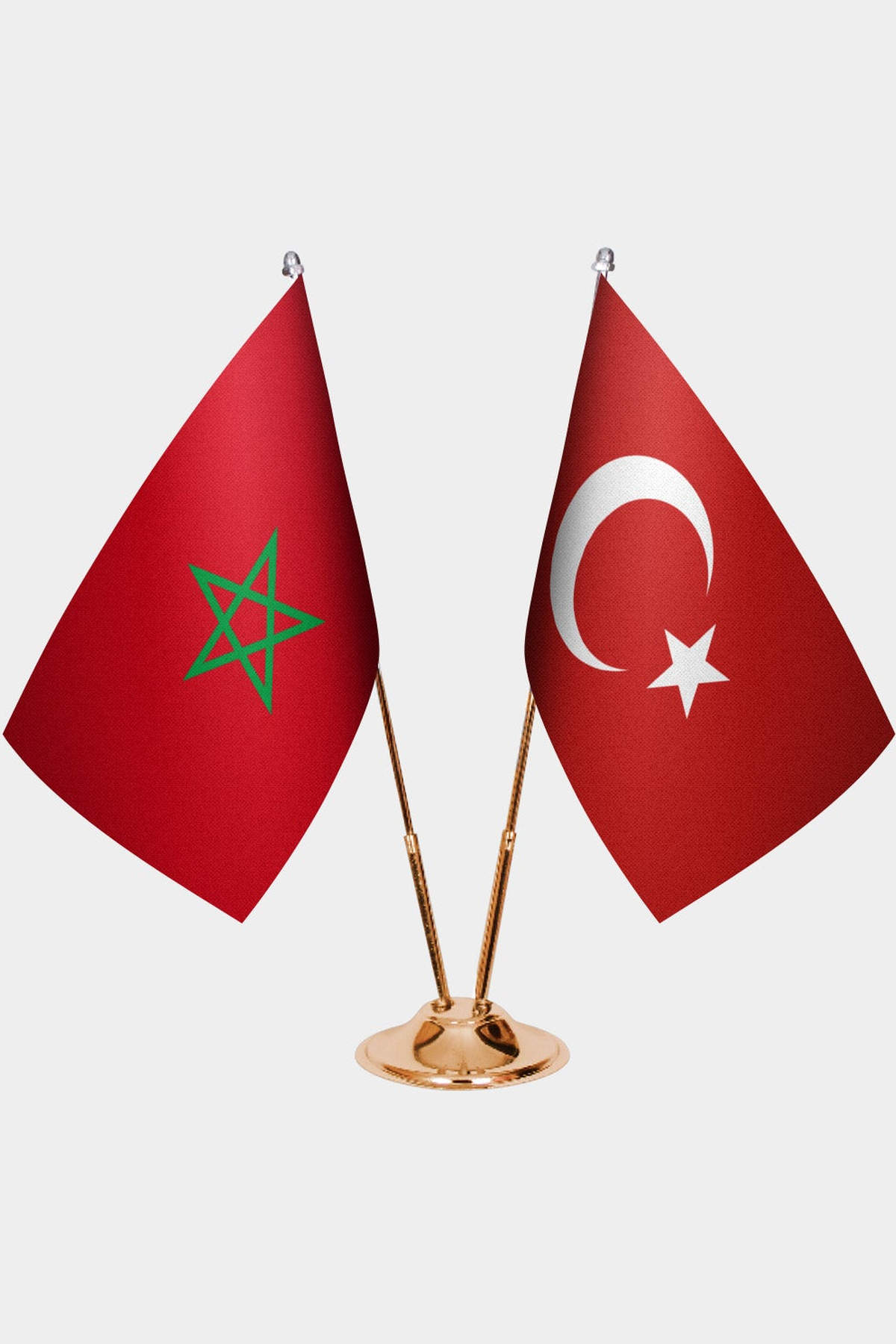 Morocco and Türkiye dual desk flag set with gold pedestal, satin office table flag