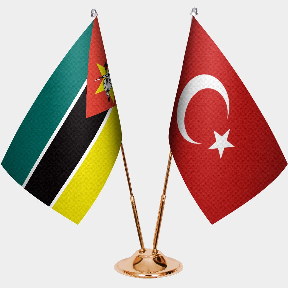Mozambique and Türkiye dual desk flag set with gold pedestal, satin office table flag