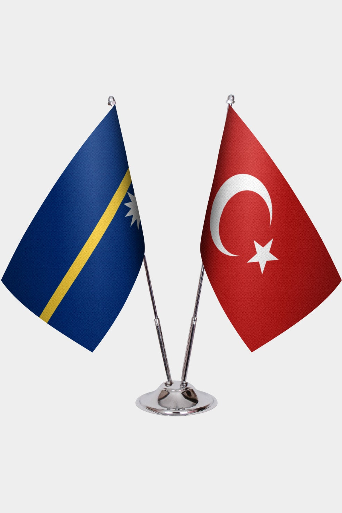 Nauru and Türkiye dual desk flag set with chrome silver pedestal, satin office table flag