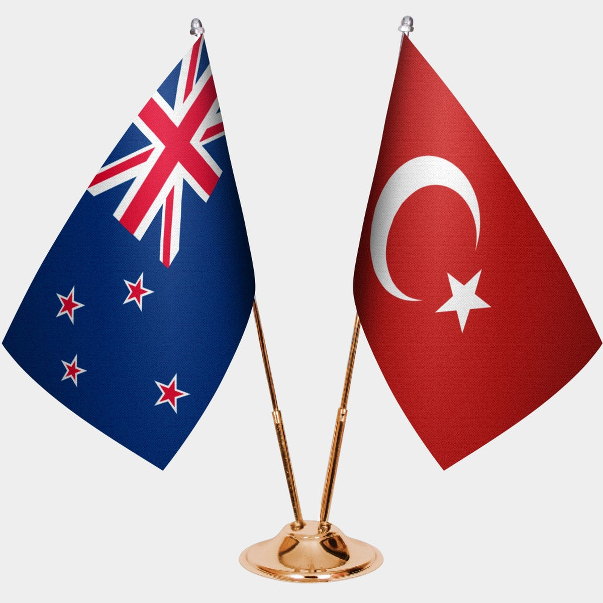New Zealand and Türkiye dual desk flag set with gold pedestal, satin office table flag