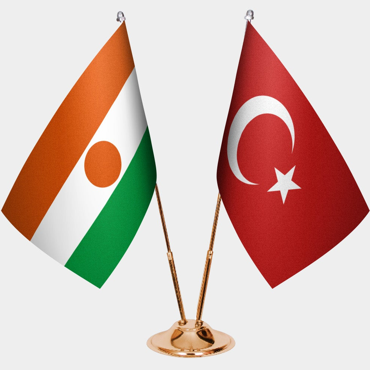 Niger and Türkiye dual desk flag set with gold pedestal, satin office table flag