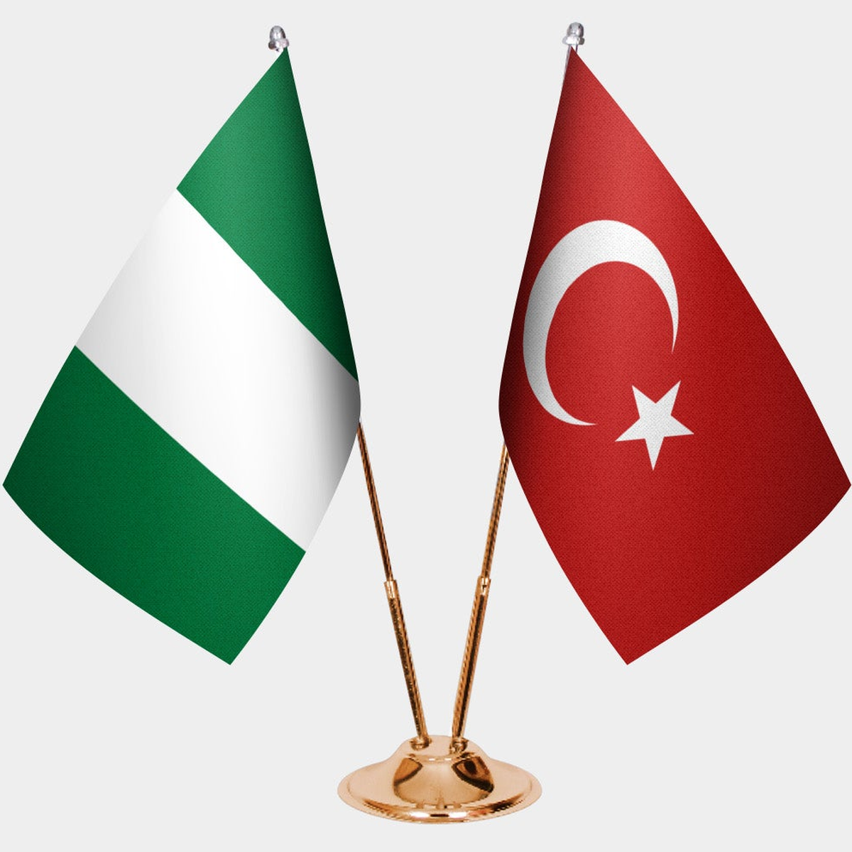 Nigeria and Türkiye dual desk flag set with gold pedestal, satin office table flag