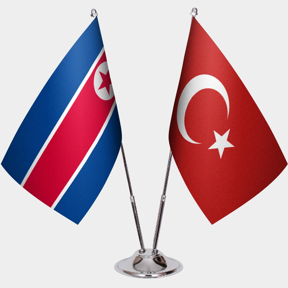 North Korea and Türkiye dual desk flag set with chrome silver pedestal, satin office table flag