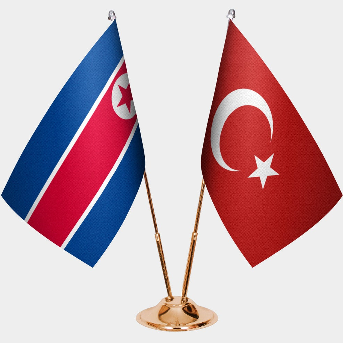 North Korea and Türkiye dual desk flag set with gold pedestal, satin office table flag