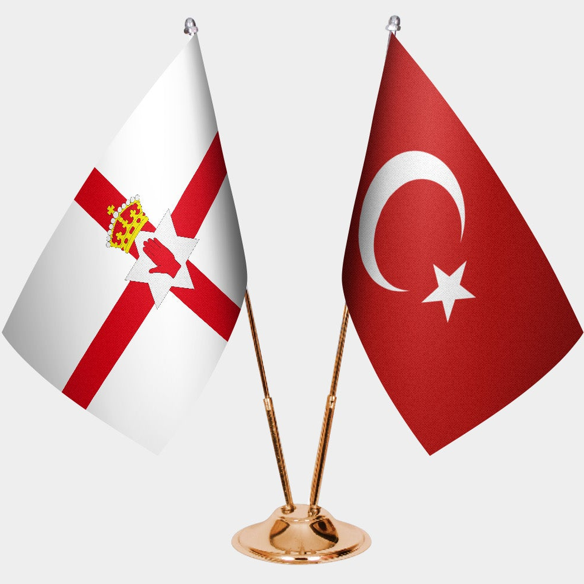 Northern Ireland and Türkiye dual desk flag set with gold pedestal, satin office table flag