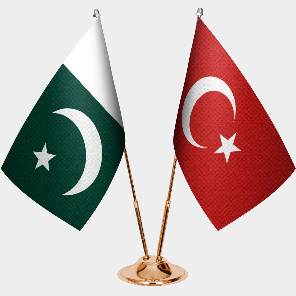 Pakistan and Türkiye dual desk flag set with gold pedestal, satin office table flag