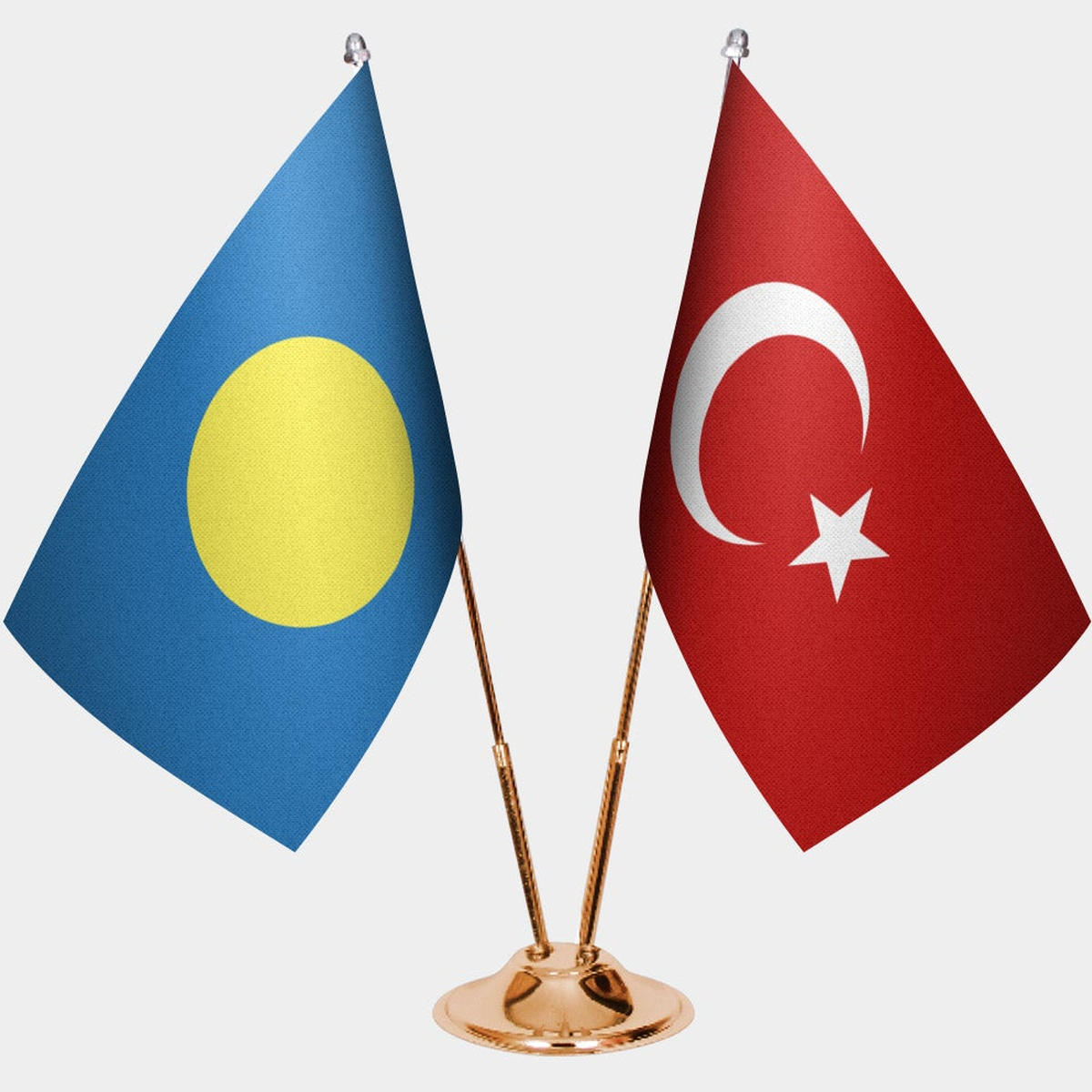 Palau and Türkiye dual desk flag set with gold pedestal, satin office table flag
