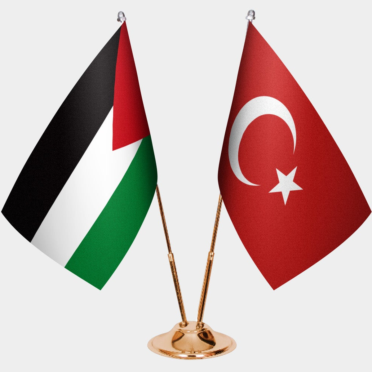 Palestine and Türkiye dual desk flag set with gold pedestal, satin office table flag