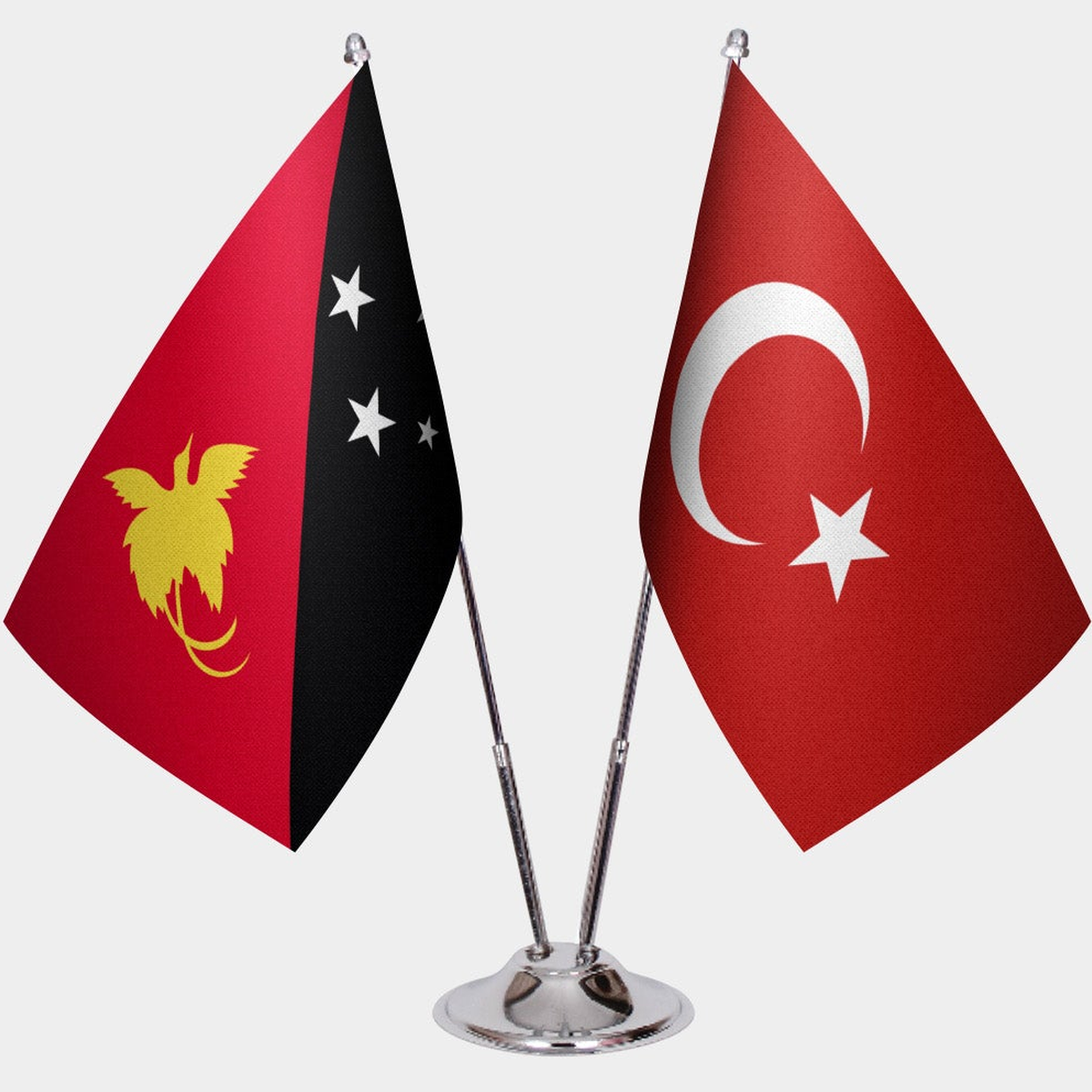 Papua New Guinea and Türkiye dual desk flag set with chrome silver pedestal, satin office table flag